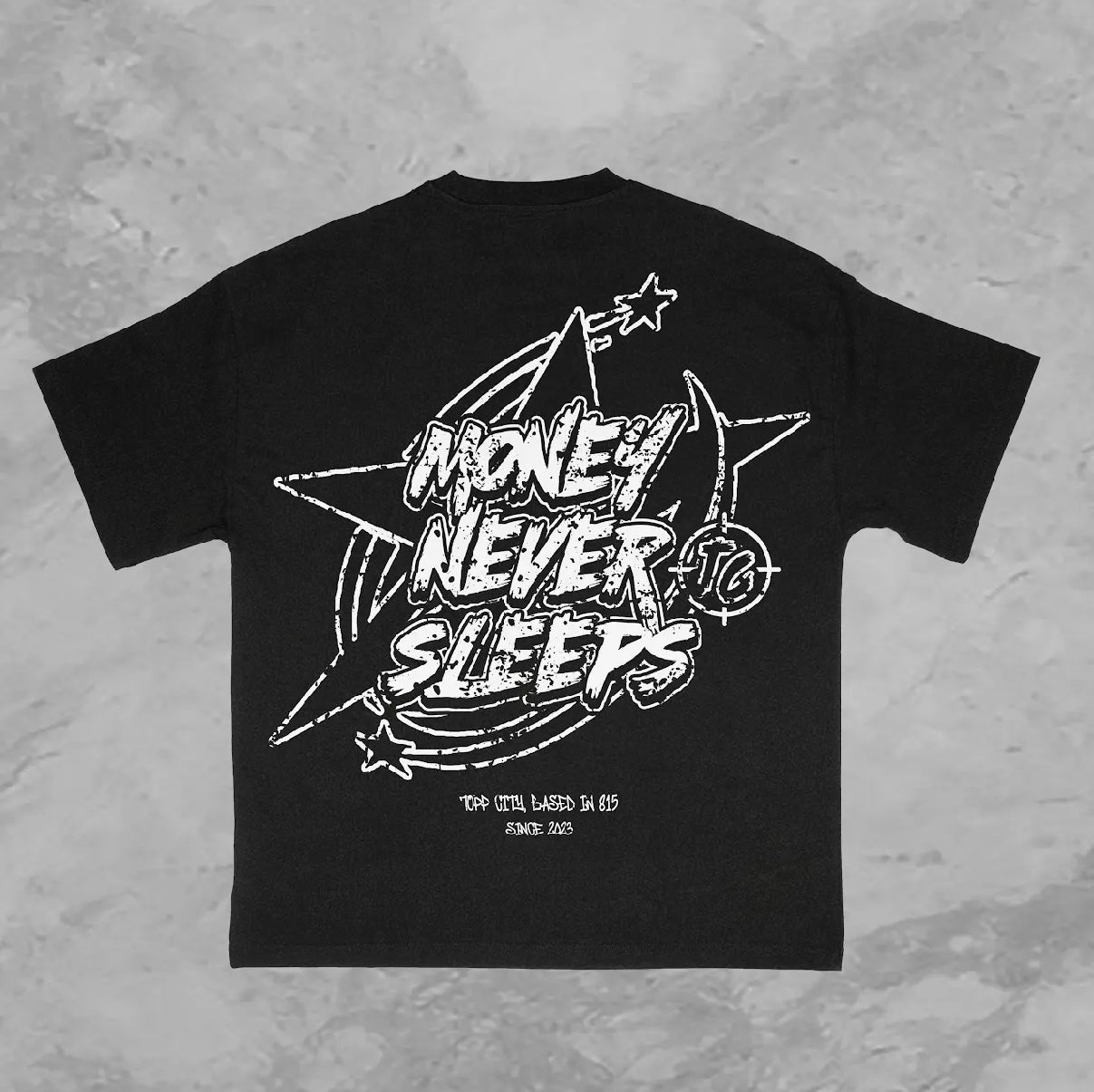 Money Never Sleeps Tshirt. Black/White